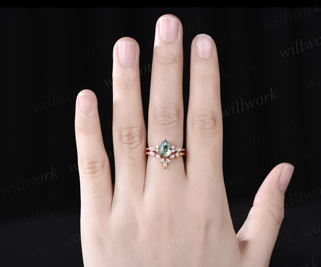 Vintage pear shaped green moss agate engagement ring solid 14k rose gold marquise diamond stacking anniversary ring set women