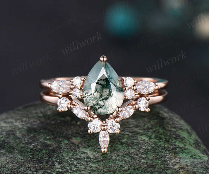 Vintage pear shaped green moss agate engagement ring solid 14k rose gold marquise diamond stacking anniversary ring set women