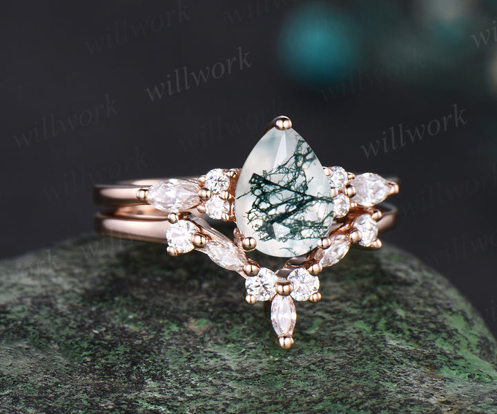 Vintage pear shaped green moss agate engagement ring solid 14k rose gold marquise diamond stacking anniversary ring set women