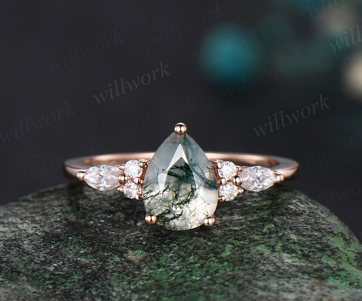 Vintage pear shaped green moss agate engagement ring solid 14k rose gold marquise diamond stacking anniversary ring set women