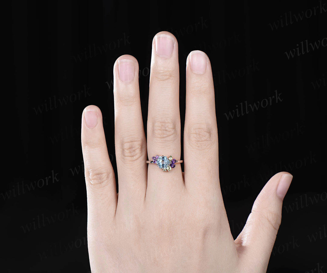Hexagon cut aquamarine engagement ring white gold 6 prong cluster peridot amethyst Multi-Stone Ring women jewelry
