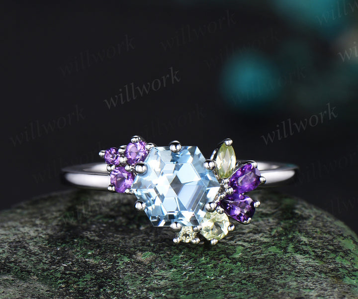 Hexagon cut aquamarine engagement ring white gold 6 prong cluster peridot amethyst Multi-Stone Ring women jewelry