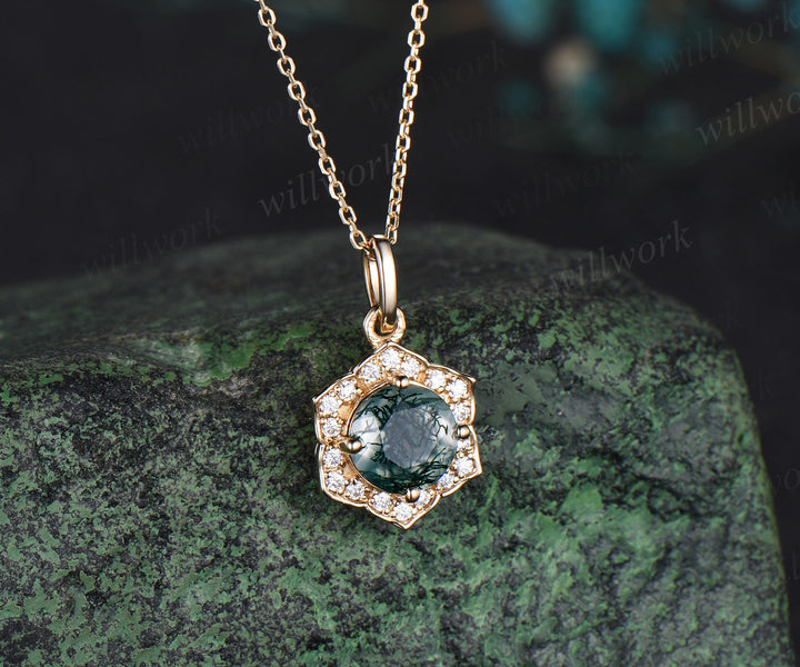 Natural Round Moss Agate Flower Necklace Solid 14k/18k Rose Gold Vintage Pendant For Women Anniversary/Bridesmaid Gifts