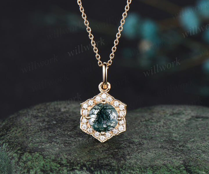 Natural Round Moss Agate Flower Necklace Solid 14k/18k Rose Gold Vintage Pendant For Women Anniversary/Bridesmaid Gifts