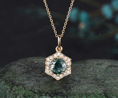 Natural Round Moss Agate Flower Necklace Solid 14k/18k Rose Gold Vintage Pendant For Women Anniversary/Bridesmaid Gifts