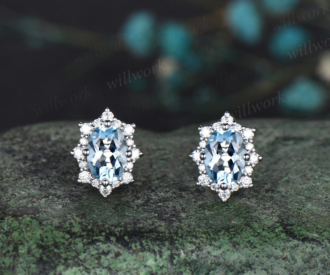 Oval cut natural aquamarine earrings 14k white gold halo snowdrift diamond drop earrings women anniversary gift for her