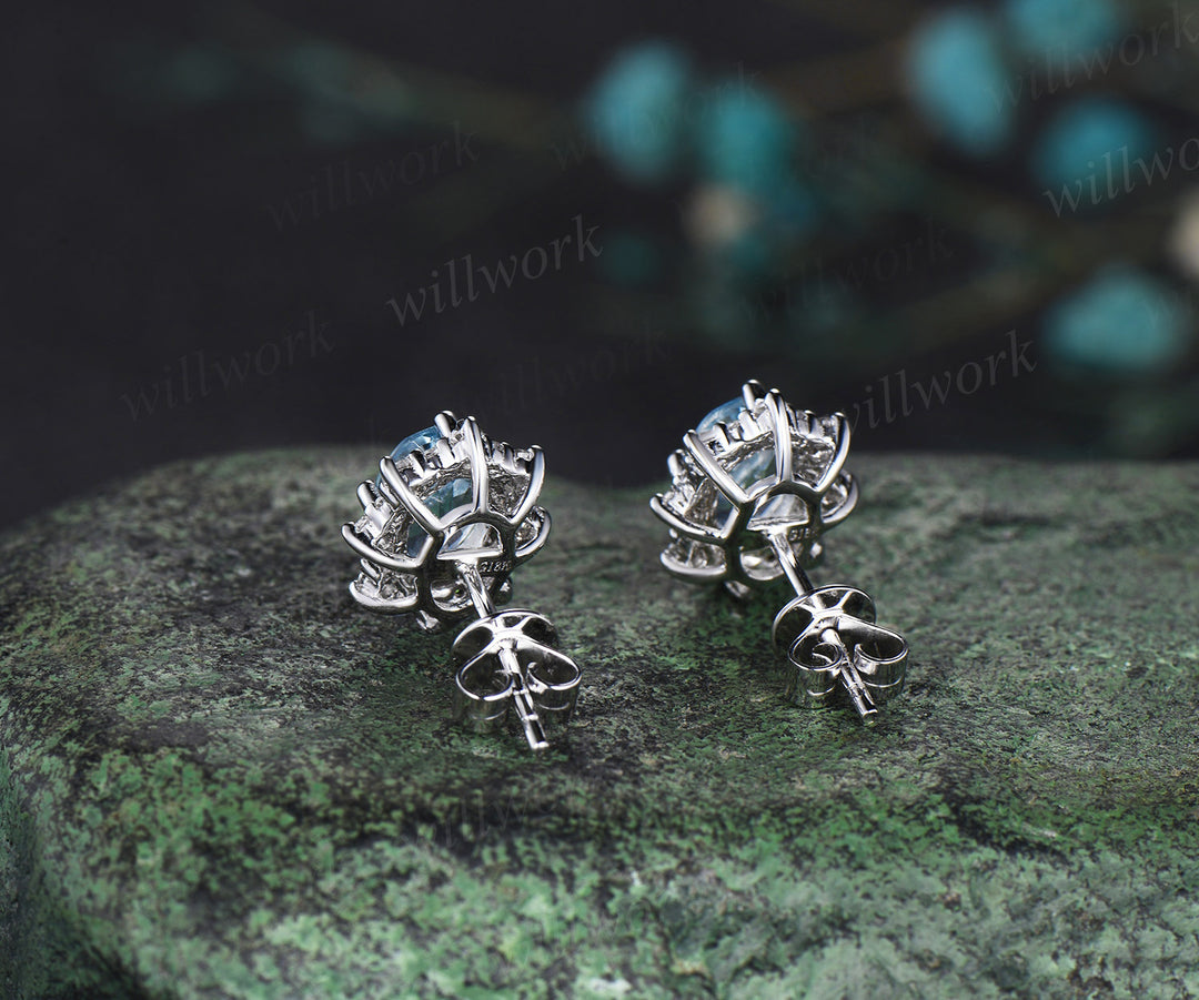 Oval cut natural aquamarine earrings 14k white gold halo snowdrift diamond drop earrings women anniversary gift for her
