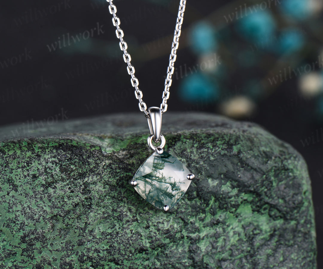 Cushion cut Natural Green Moss Agate Necklace solid 14k white gold square cut Solitaire Pendant Minimalist anniversary gift