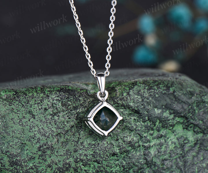 Cushion cut Natural Green Moss Agate Necklace solid 14k white gold square cut Solitaire Pendant Minimalist anniversary gift
