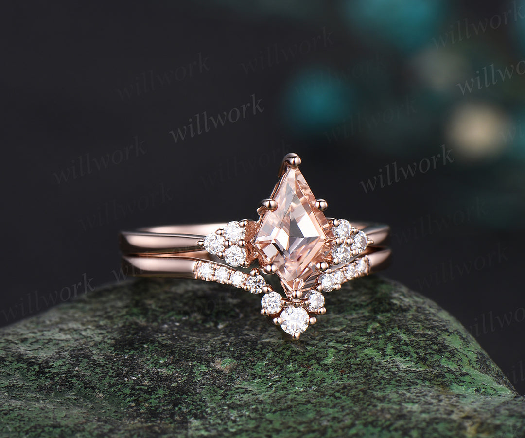 Kite cut morganite engagement ring set solid 14k rose gold Minimalist dainty diamond stacking wedding promise ring women her