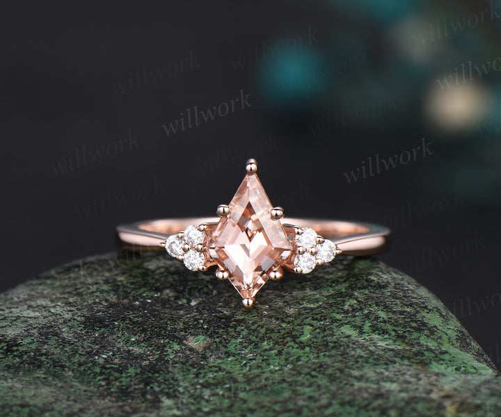 Kite cut morganite engagement ring set solid 14k rose gold Minimalist dainty diamond stacking wedding promise ring women her