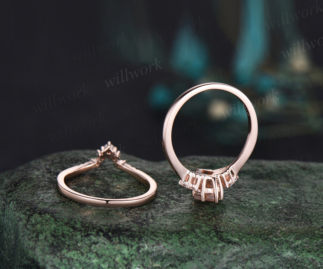 Kite cut morganite engagement ring set solid 14k rose gold Minimalist dainty diamond stacking wedding promise ring women her