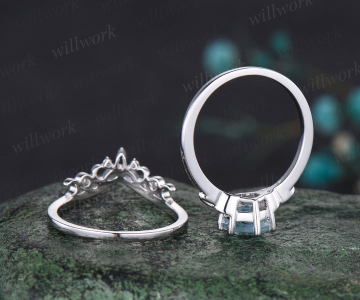Unique Hexagon Cut March Birthstone Natural Aquamarine Engagement Ring Set 14k White Gold Moissanite Diamond Moon Celtic Knot 2pcs Bridal Ring Set