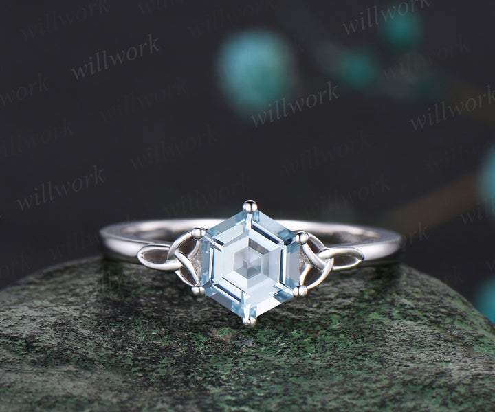 Unique Hexagon Cut March Birthstone Natural Aquamarine Engagement Ring Set 14k White Gold Moissanite Diamond Celtic Knot 2pcs Bridal Ring Set
