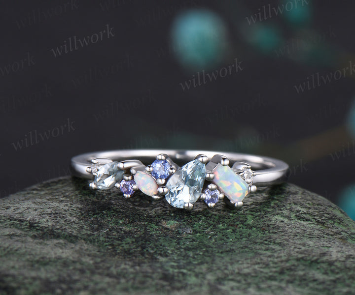 Delicate Natural Aquamarine Tanzanite Wedding Band Opal Cluster Wedding Ring Minimalist 14k White Gold Bridal Anniversary Promise Custom Jewelry