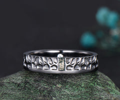 Mens Moss agate Wedding Band Baguette Cut Green Agate Band 5mm Solid Gold Ring Mens Hammered Stacking Matching Band Retro Vintage Ring Gift