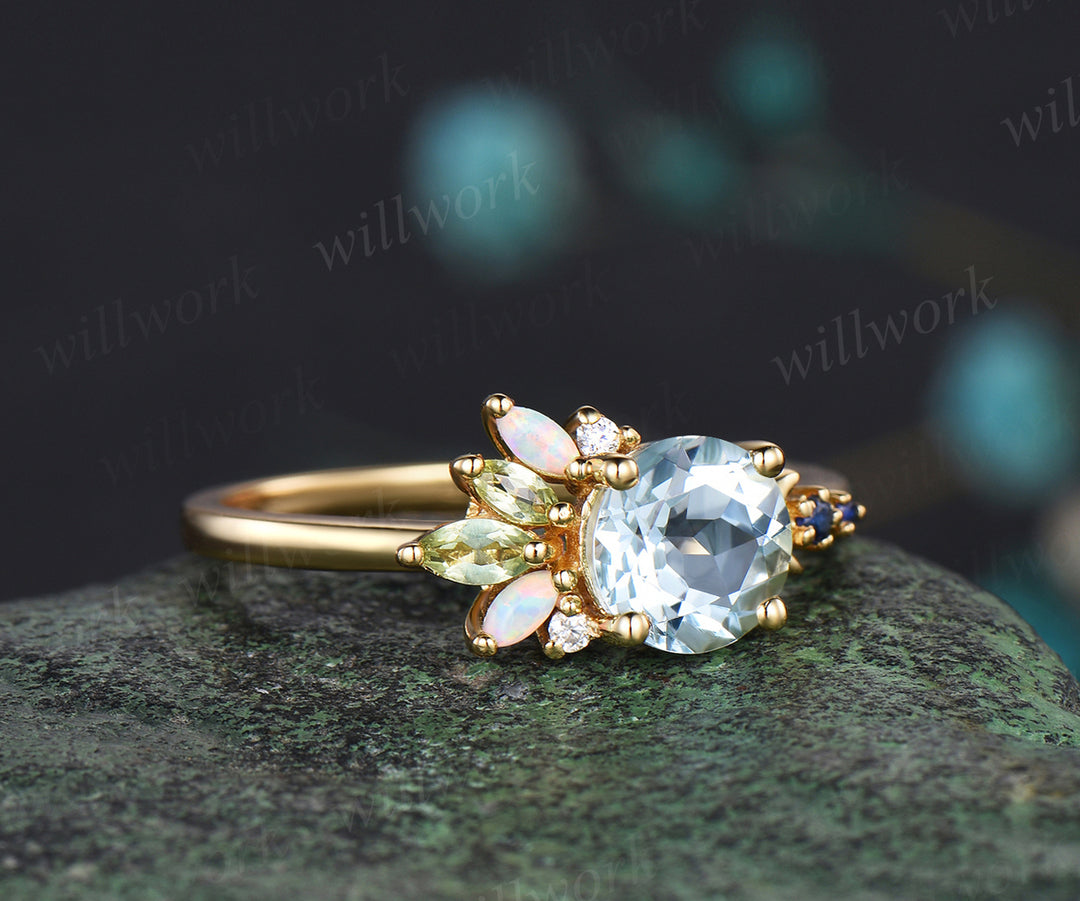 Round cut aquamarine ring yellow gold cluster opal ring women peridot sapphire moon ring dainty engagement ring gift