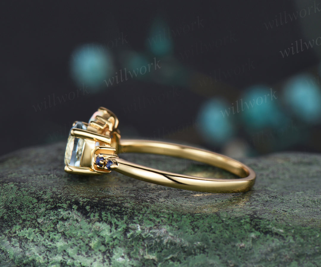 Round cut aquamarine ring yellow gold cluster opal ring women peridot sapphire moon ring dainty engagement ring gift