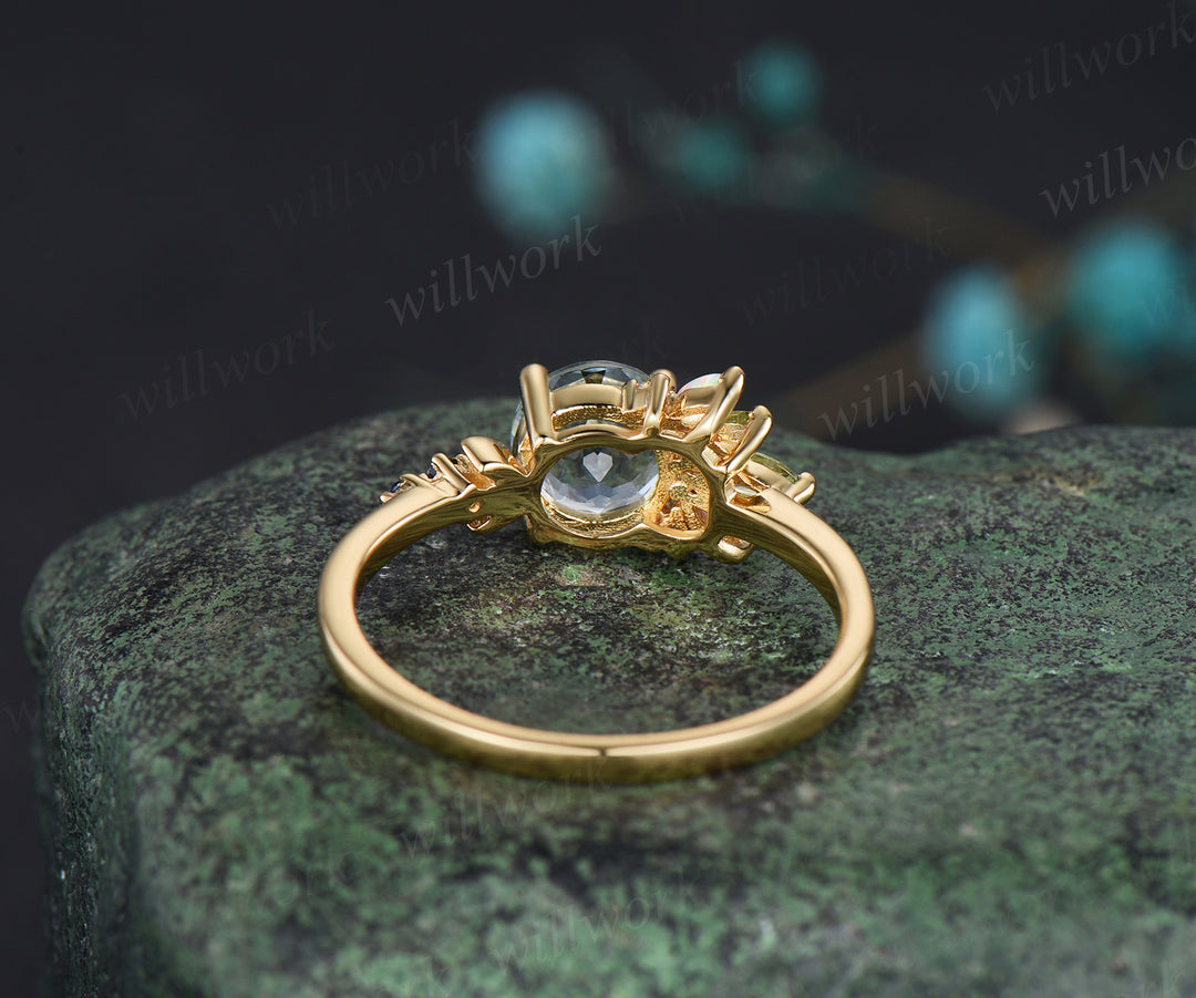 Round cut aquamarine ring yellow gold cluster opal ring women peridot sapphire moon ring dainty engagement ring gift