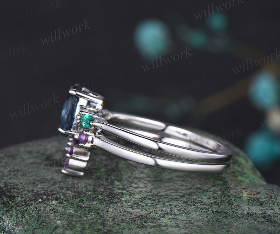 June Birthstone Oval Cut Alexandrite Engagement Ring Set Unique Emerald Amethyst Seven Stone Ring 14k White Gold 2pcs Bridal Ring Set
