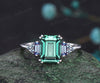 Unique Emerald Cut Green Sapphire Engagement Ring Art Deco Alexandrite Cluster Wedding Ring 14k White Gold Bridal Custom Jewelry