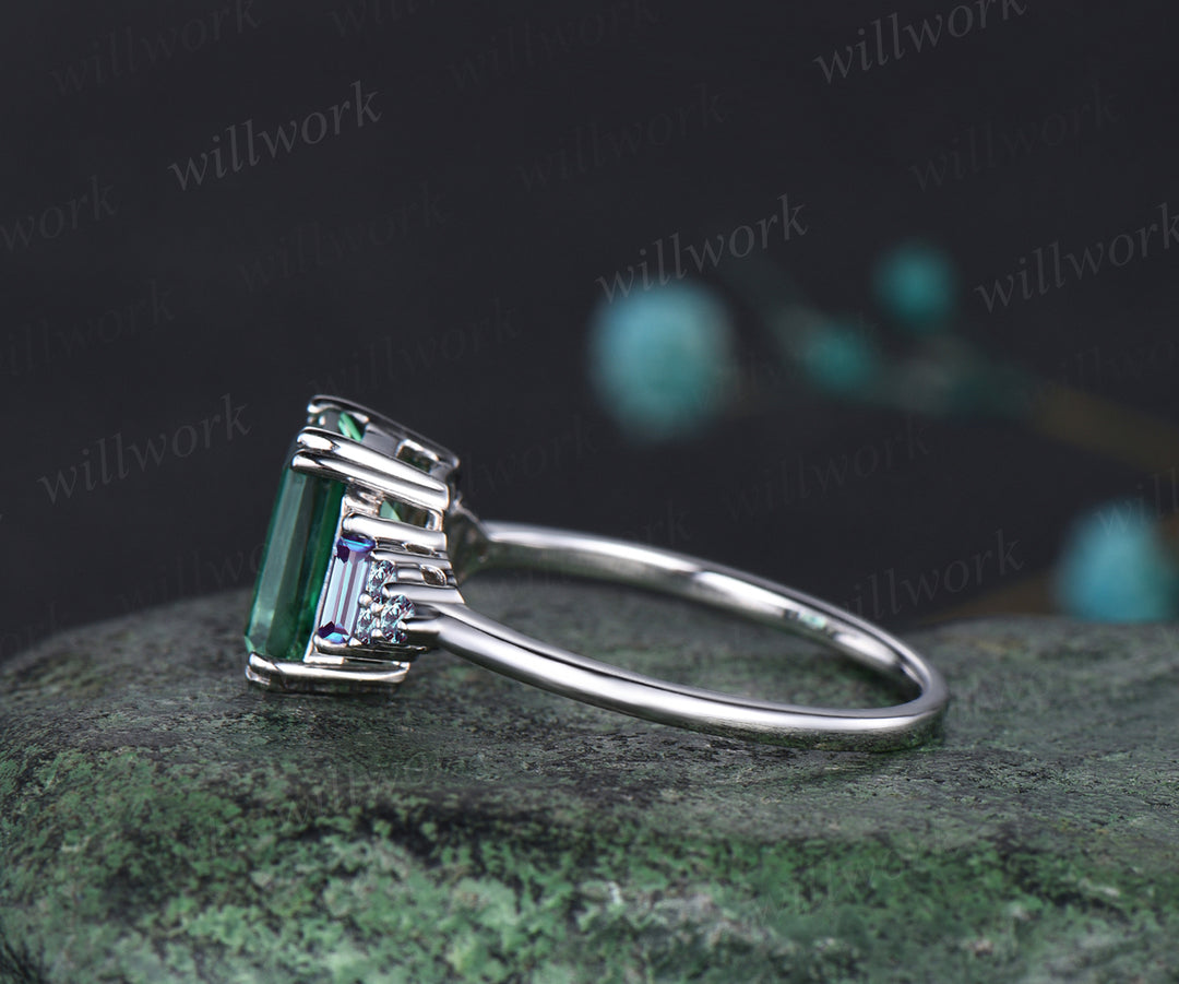 Unique Emerald Cut Green Sapphire Engagement Ring Art Deco Alexandrite Cluster Wedding Ring 14k White Gold Bridal Custom Jewelry
