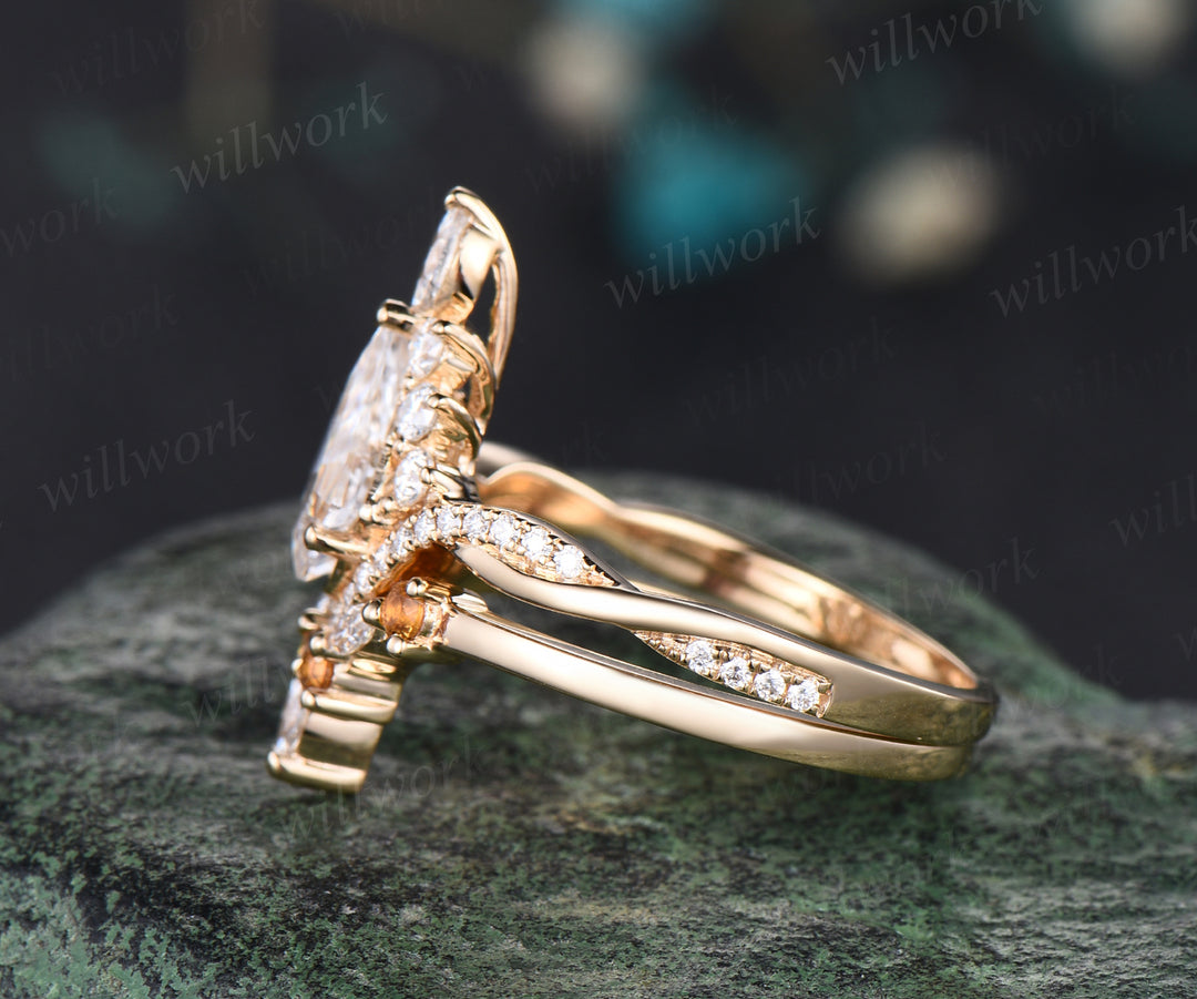 Vintage kite cut moissanite engagement ring yellow gold halo unique ring set art deco twisted promise ring curved citrine moissanite wedding band bridal set