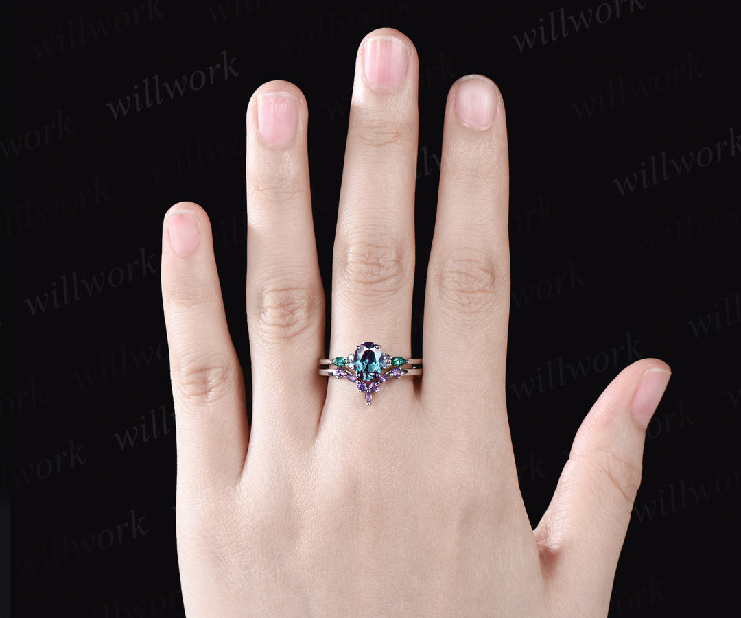 June Birthstone Oval Cut Alexandrite Engagement Ring Set Unique Emerald Amethyst Seven Stone Ring 14k White Gold 2pcs Bridal Ring Set
