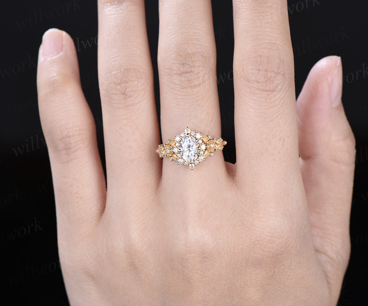 1ct oval cut moissanite engagement ring yellow gold snowdrift halo floral leaf diamond ring vintage art deco wedding promise ring women gift