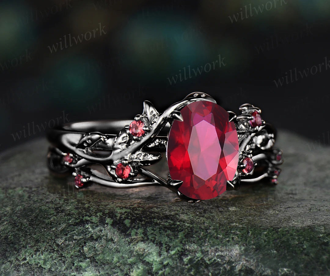 Nature inspired oval cut red ruby engagement ring set 14k black gold twig leaf ring art deco ruby wedding band bridal set jewelry gifts