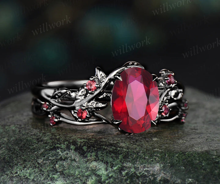 Nature inspired oval cut red ruby engagement ring set 14k black gold twig leaf ring art deco ruby wedding band bridal set jewelry gifts