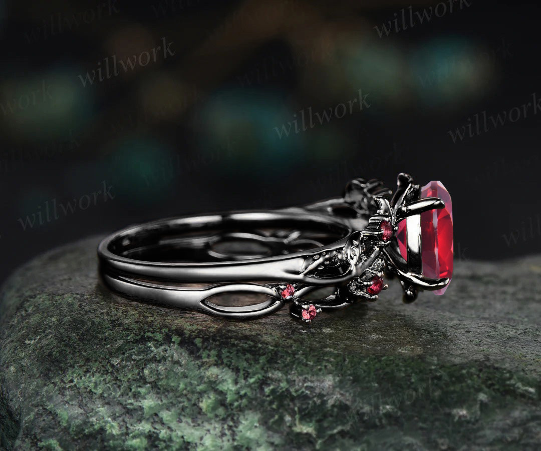 Nature inspired oval cut red ruby engagement ring set 14k black gold twig leaf ring art deco ruby wedding band bridal set jewelry gifts