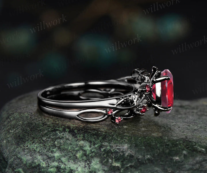Nature inspired oval cut red ruby engagement ring set 14k black gold twig leaf ring art deco ruby wedding band bridal set jewelry gifts