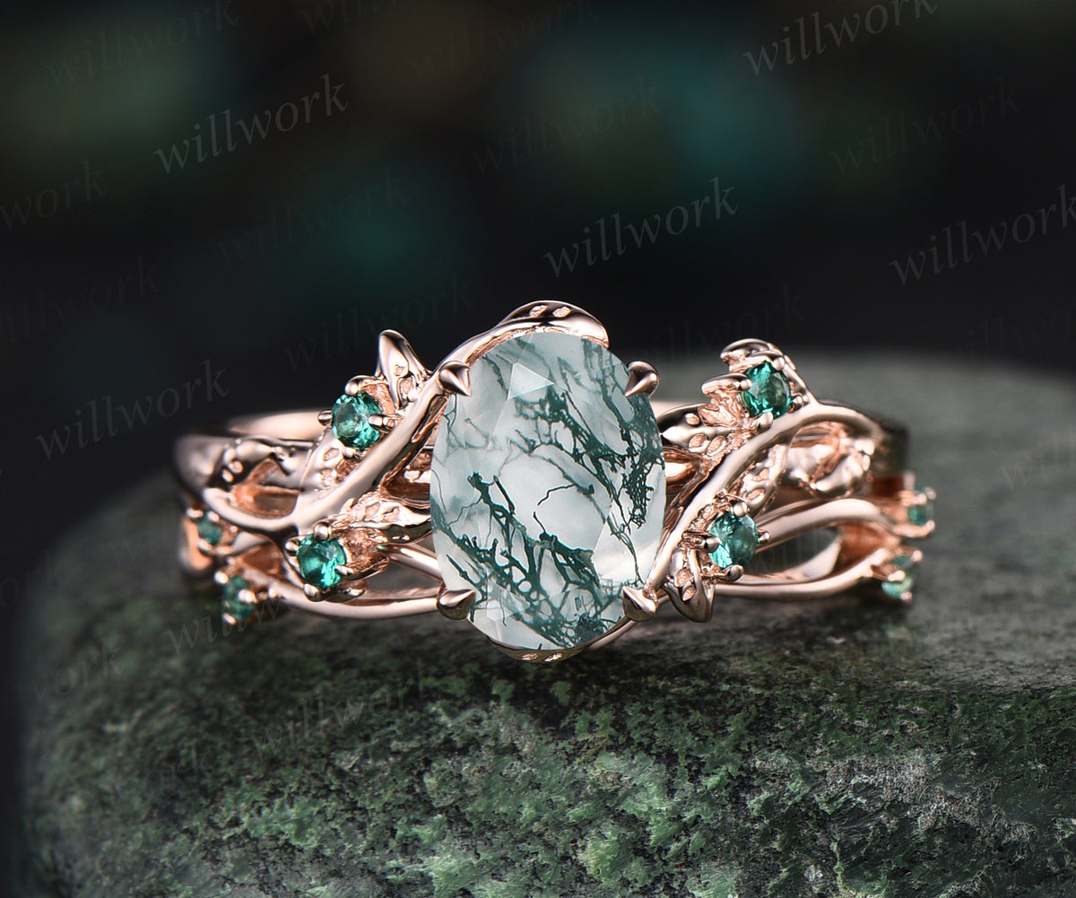 6x8mm oval moss agate nature inspired ring set 14k rose gold twig leaf emerald wedding band bridal set