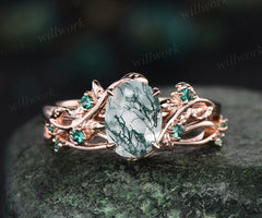 6x8mm oval cut natural moss agate nature inspired engagement ring set 14k rose gold twig leaf ring art deco emerald wedding band bridal set jewelry gifts Anniversary gift