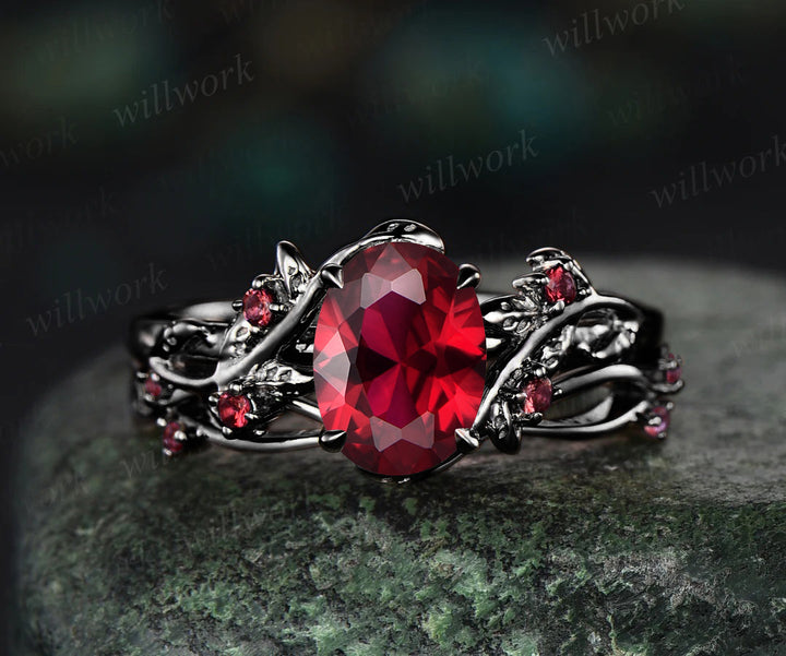 Nature inspired oval cut red ruby engagement ring set 14k black gold twig leaf ring art deco ruby wedding band bridal set jewelry gifts
