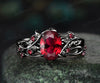 Nature inspired oval cut red ruby engagement ring set 14k black gold twig leaf ring art deco ruby wedding band bridal set jewelry gifts