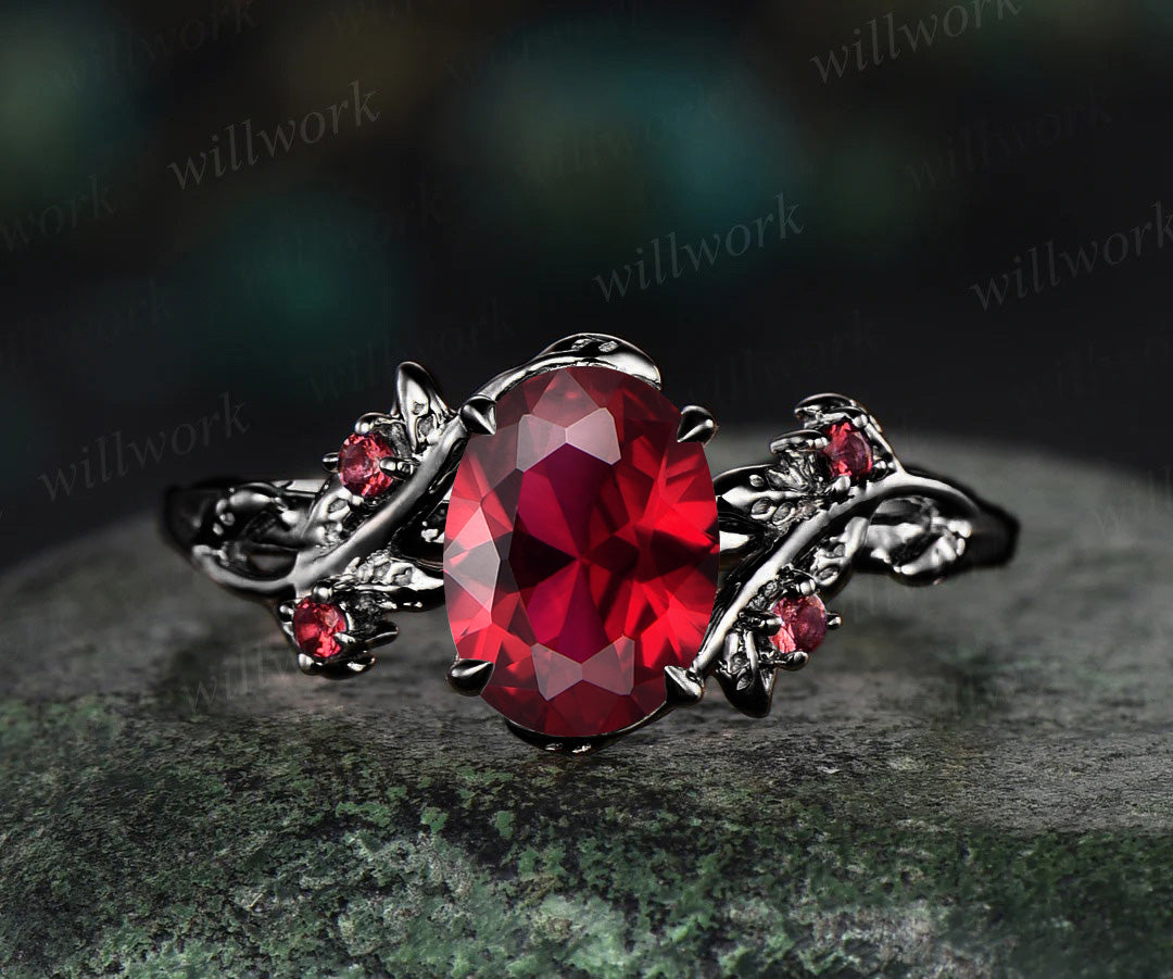Nature inspired oval cut red ruby engagement ring set 14k black gold twig leaf ring art deco ruby wedding band bridal set jewelry gifts