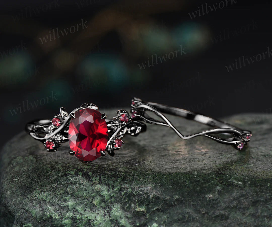 Nature inspired oval cut red ruby engagement ring set 14k black gold twig leaf ring art deco ruby wedding band bridal set jewelry gifts