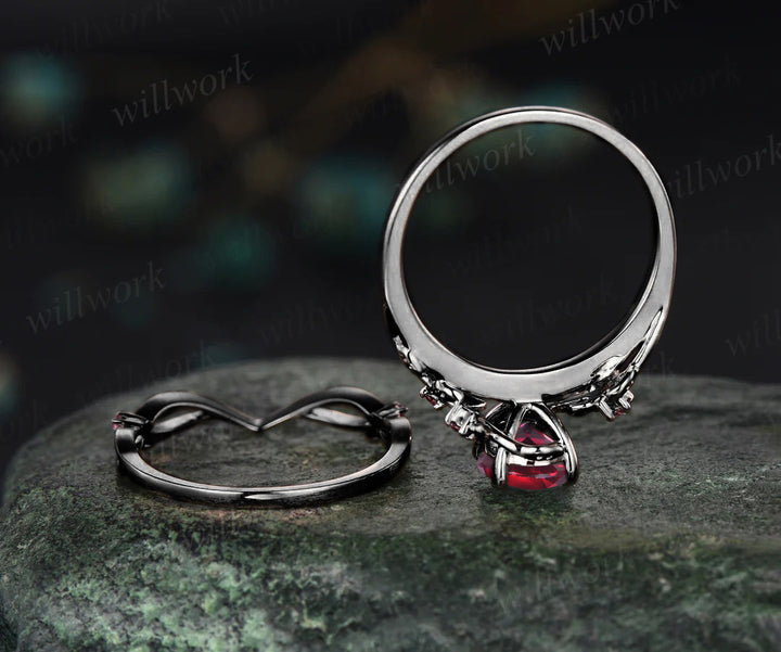 Nature inspired oval cut red ruby engagement ring set 14k black gold twig leaf ring art deco ruby wedding band bridal set jewelry gifts