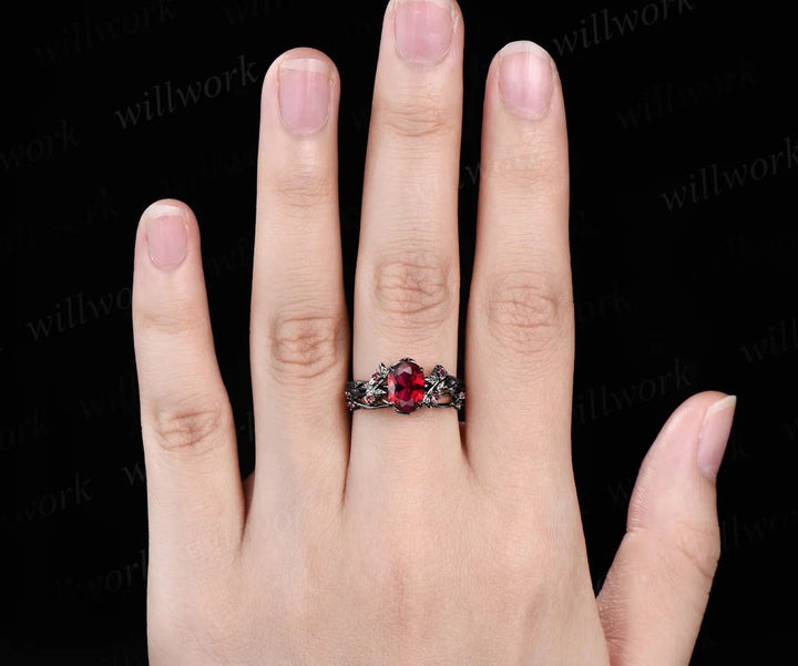 Nature inspired oval cut red ruby engagement ring set 14k black gold twig leaf ring art deco ruby wedding band bridal set jewelry gifts