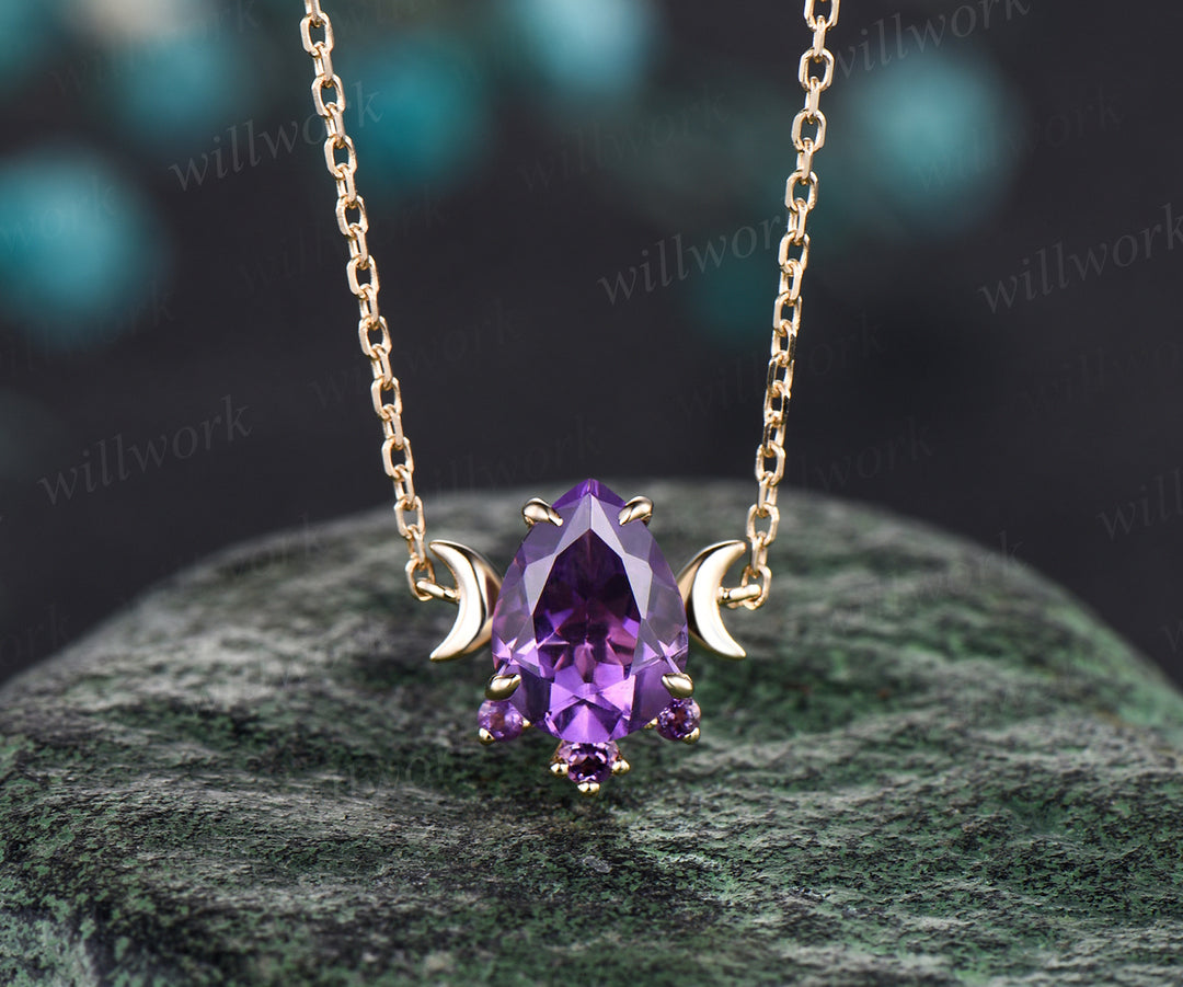 Teardrop natural amethyst necklace unique moon dainty necklace pendant 14k yellow gold mother bridal anniversary gift