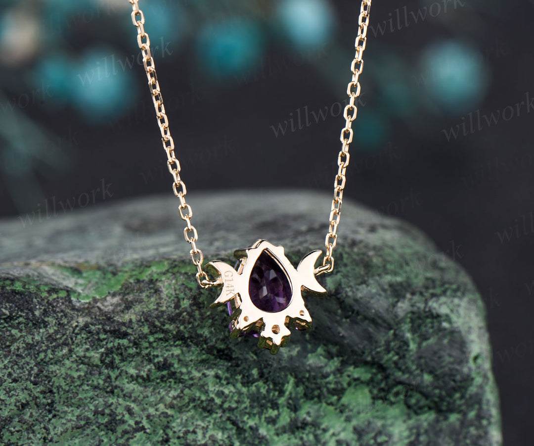 Teardrop natural amethyst necklace unique moon dainty necklace pendant 14k yellow gold mother bridal anniversary gift