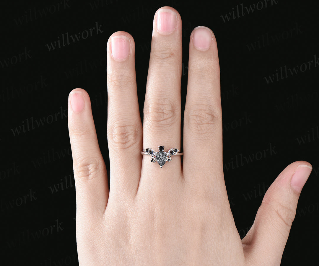 Delicate Pear Cut Natural Black Rutilated Quartz Ring Unique Black Diamond Onyx Bat Ring Moon Star Promise Ring