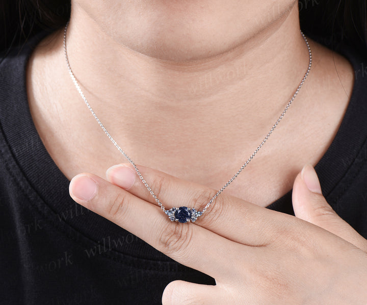 Delicate Galaxy Round Cut Blue Sandstone Necklace Minimalist June Birthstone Alexandrite Pendant Cluster Seven Stone Necklace Healing Jewelry