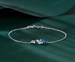 Elegant Pear Shaped Aquamarine Bracelet Mixed Cut Blue Sapphire Lobster Claw Bracelet Silver Gold Art Deco Anniversary Gift Women