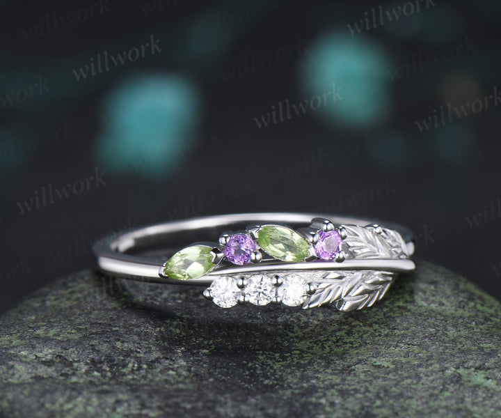 Unique Peridot Amethyst Leaf Wedding Ring Moissanite Stacking Ring Nature Inspired Wedding Band for Her