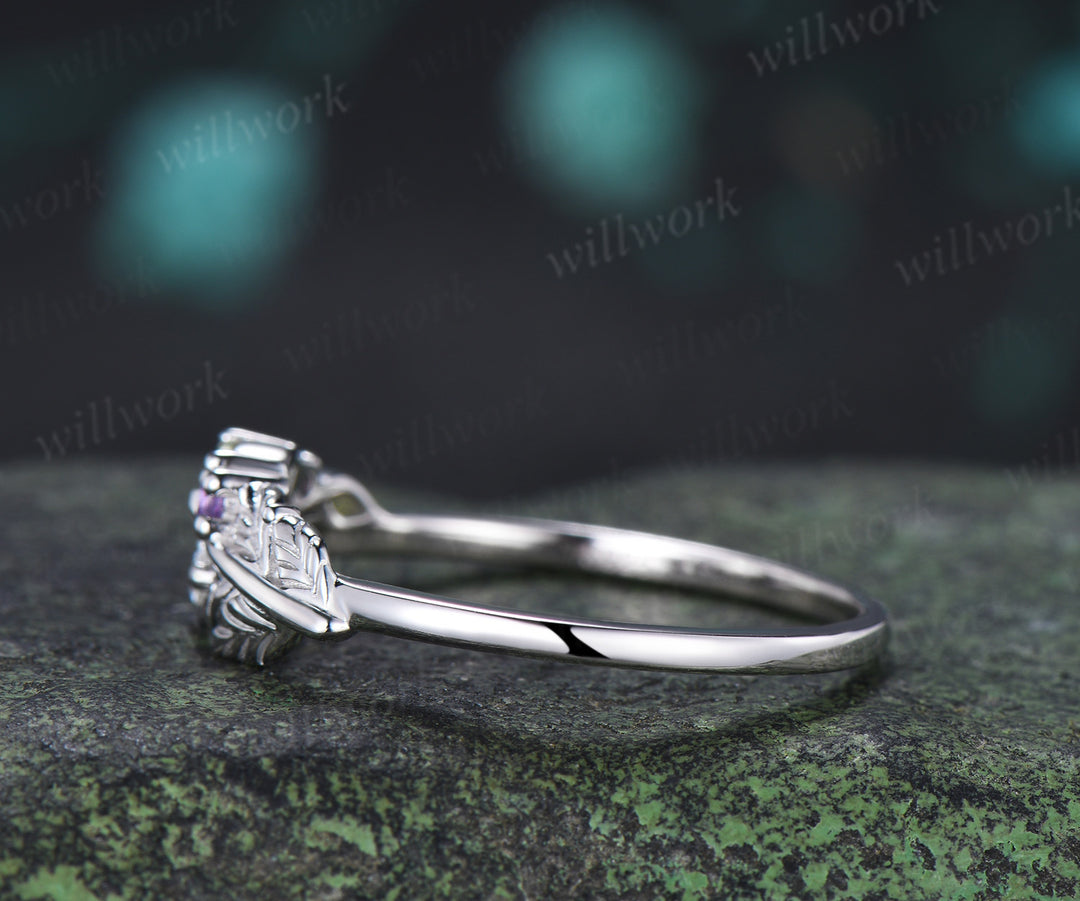 Unique Peridot Amethyst Leaf Wedding Ring Moissanite Stacking Ring Nature Inspired Wedding Band for Her