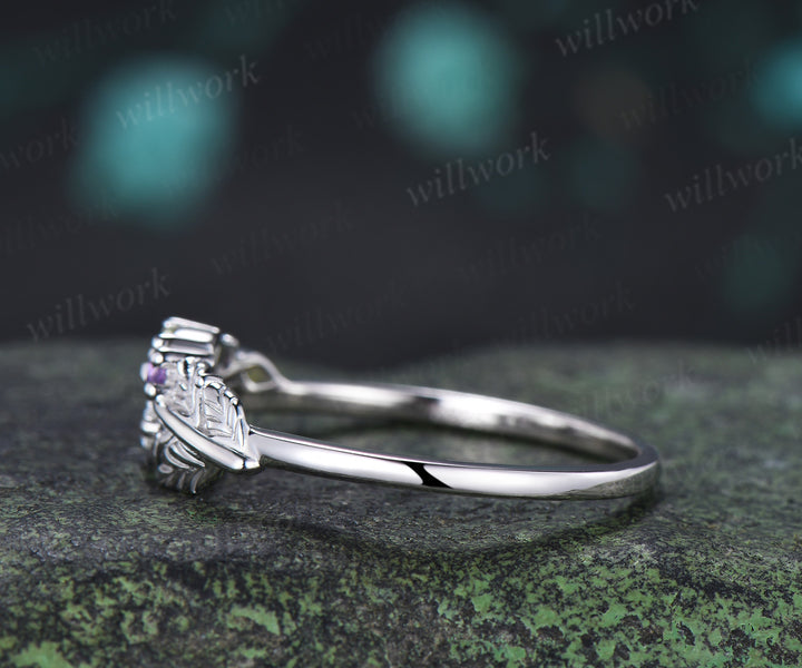 Unique Peridot Amethyst Leaf Wedding Ring Moissanite Stacking Ring Nature Inspired Wedding Band for Her