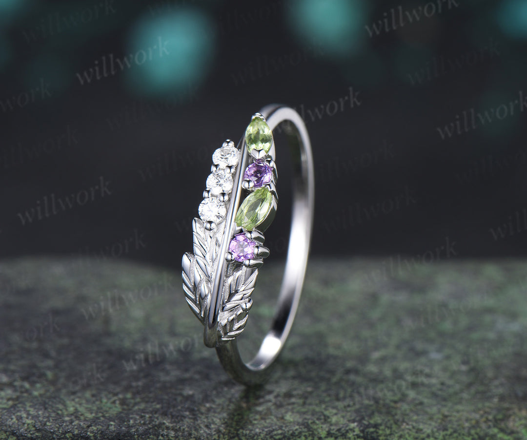 Unique Peridot Amethyst Leaf Wedding Ring Moissanite Stacking Ring Nature Inspired Wedding Band for Her